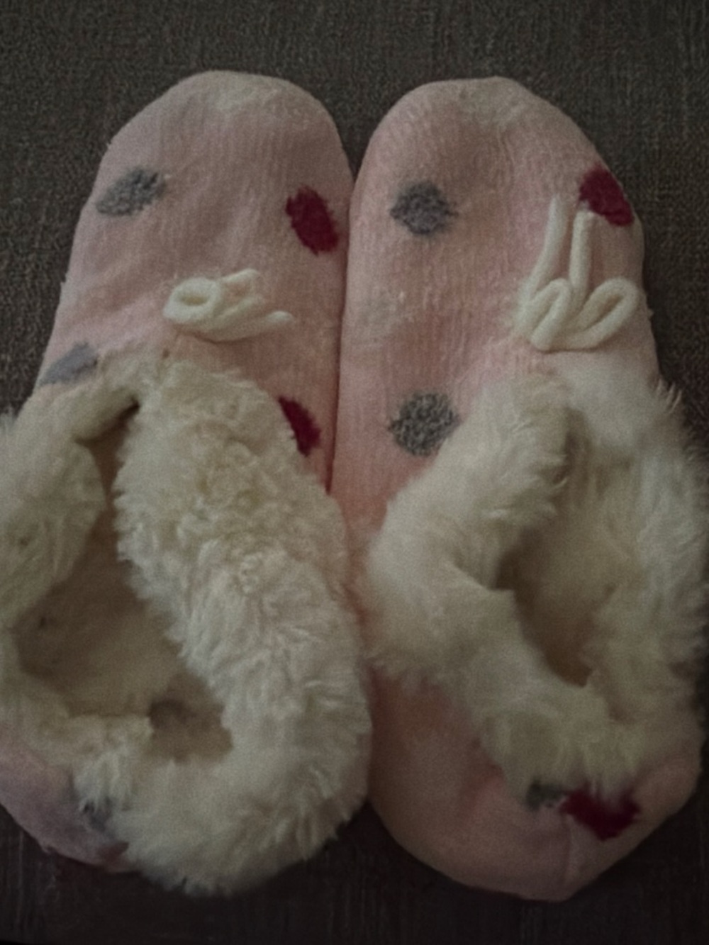 Pink Polka Dot Plush Slippers with Faux Fur Trim